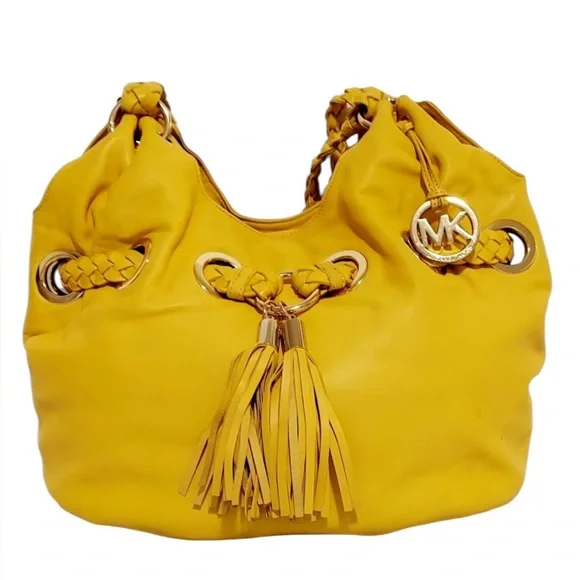 Michael Kors Astor Large Grommet Tassel Leather Hobo Shoulder Bag Yellow NWOT - Picture 3 of 12